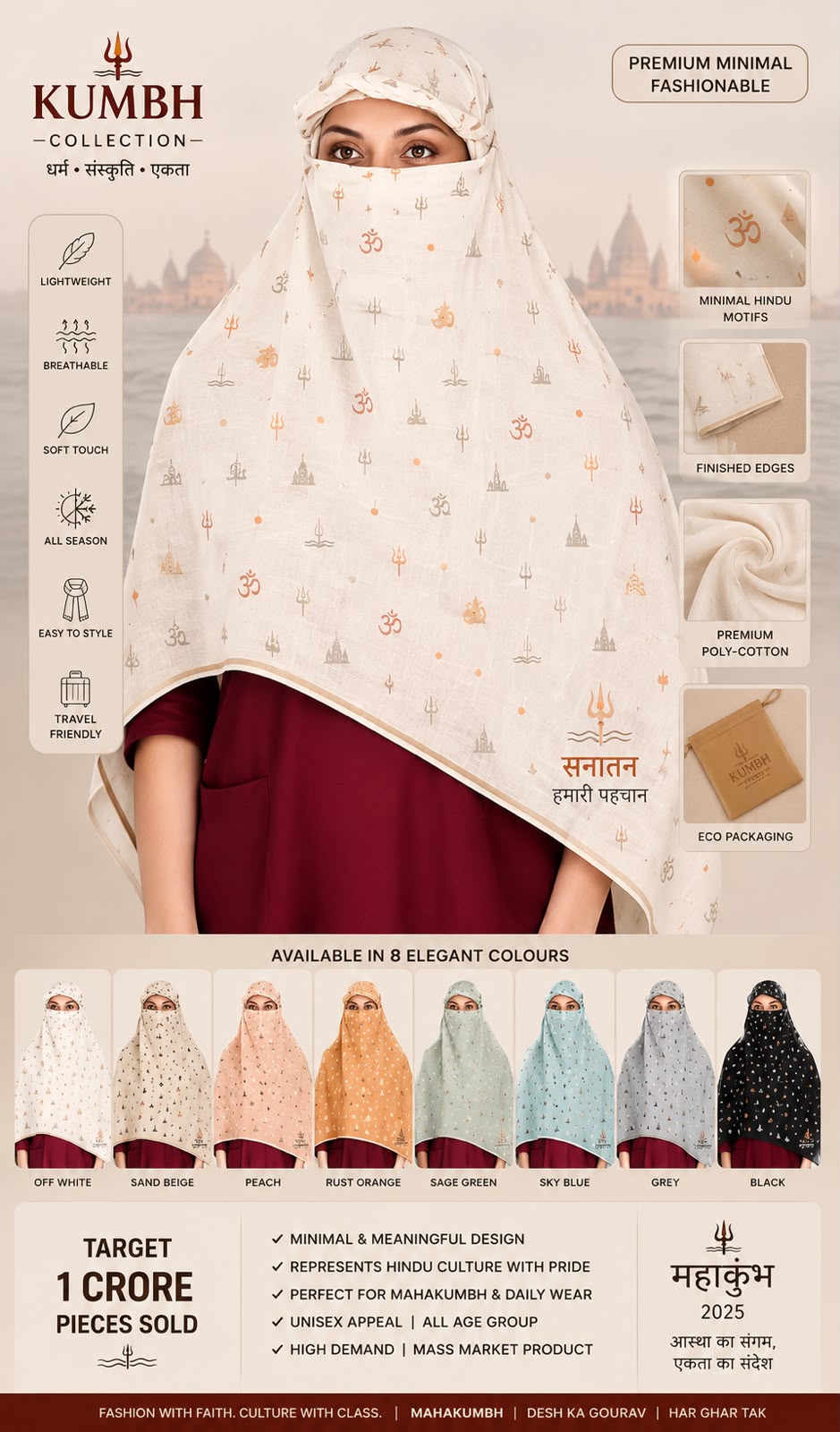 Kumbh Collection scarf with minimal Hindu motifs in eight colours